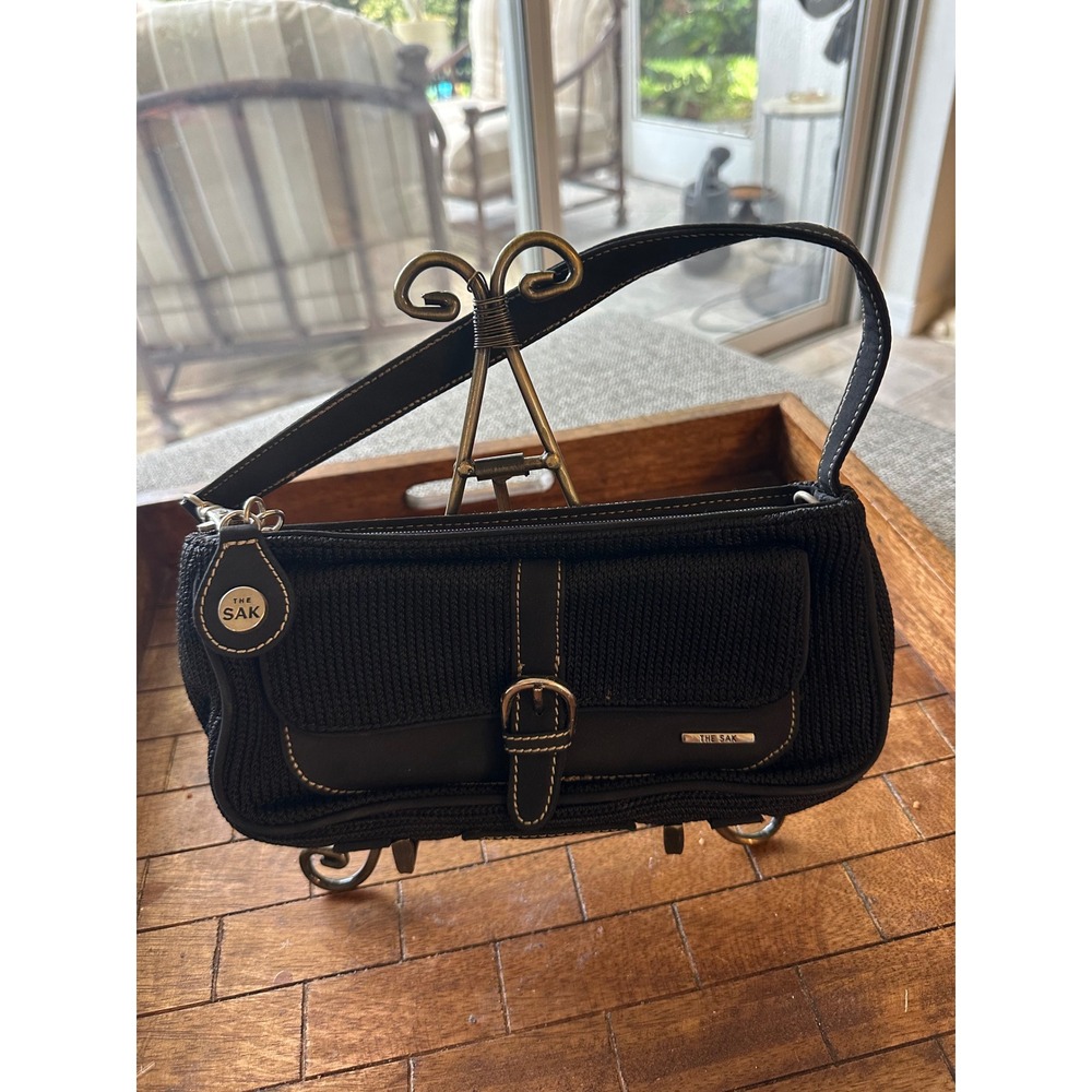 The Sak Black Crochet Shoulder‎ Bag Faux Leather Trim Buckle Detail Y2K Baguette